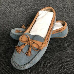 BOC Born Women's Blue Suede Tan Leather Tassel Driving Moc Loafers Flats Size 10